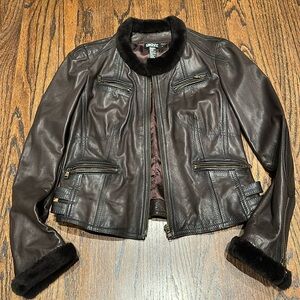 DKNY, brown leather jacket, fur collar and wrist, bomber style, size 4